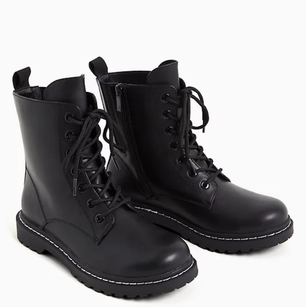 STEVIE LACE-UP COMBAT BOOT - FAUX LEATHER BLACK wide width